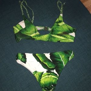 Green and white leaf pattern bikini